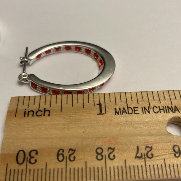 Silver Tone Hoop Earrings with Red Accents - Picture 15 of 15